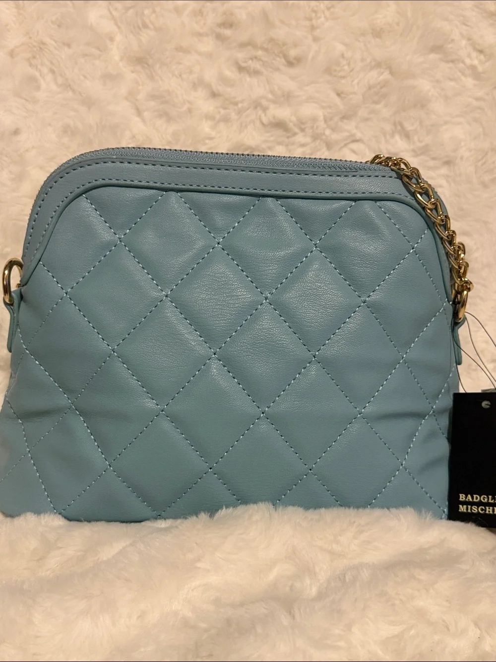 Badgley Mischka Quilted Light Blue Crossbody with Gold Hardware